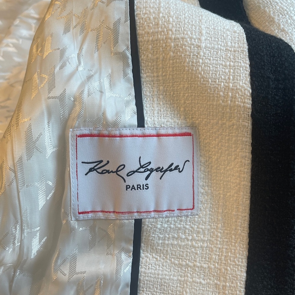 NWT KARL LAGERFELD PARIS TWEED OPEN FRONT COLOR BLOCK BLACK/WHITE BLAZER SIZE 2 - Picture 13 of 14